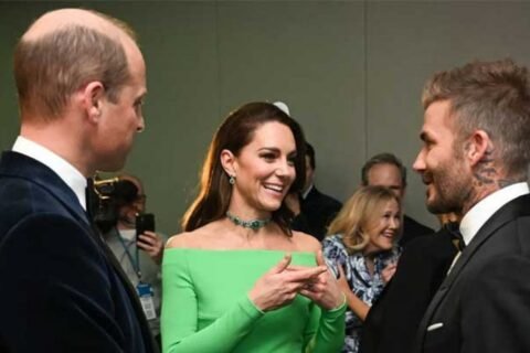 David Beckham rubs shoulders with Prince William and Kate Middleton in London