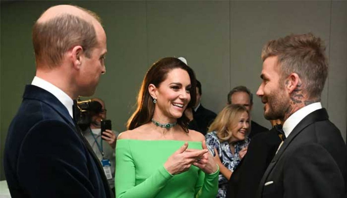 David Beckham rubs shoulders with Prince William and Kate Middleton in London